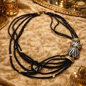 Vintage 90s CHICO’S Multi-Strand Black Beaded Station Necklace with Kissing Fish